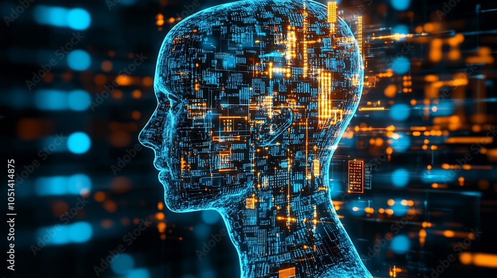 Aufkleber digital head silhouette with circuit matrix and glowing orange lights and blue circuitry : generativ