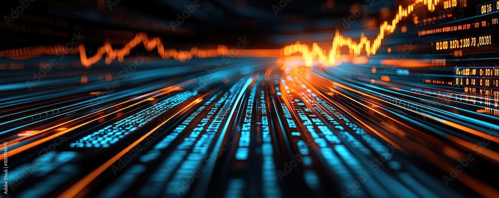 Aufkleber Dynamic data flow with abstract lines and glowing elements on dark background.