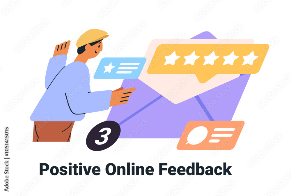 Poster positive online feedback concept person interacting with messages and star ratings colorful graphics