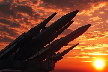 The Missiles are aimed at the sky at sunset Silhouette. Nuclear Missile, chemical weapons, missile defense, air Defense Missiles, War, advance war, 