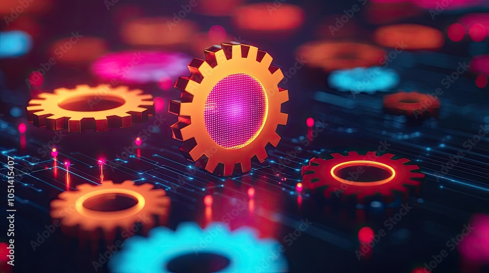 Poster abstract colorful gears on digital background, representing innovation and machinery.