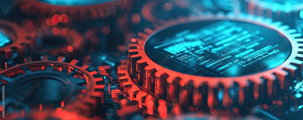 Aufkleber close-up of futuristic gears with digital interfaces and neon lighting