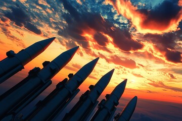 The Missiles are aimed at the sky at sunset Silhouette. Nuclear Missile, chemical weapons, missile defense, air Defense Missiles, War, advance war, 