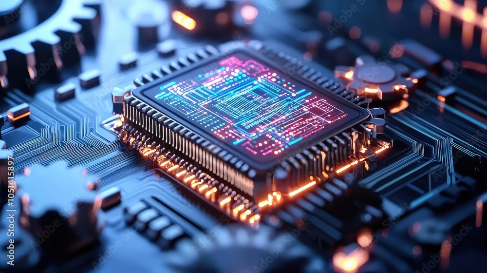 Poster close-up of a microchip glowing on a circuit board, showcasing intricate electronic design.