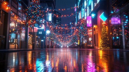 Glowing urban street with vibrant holiday light display