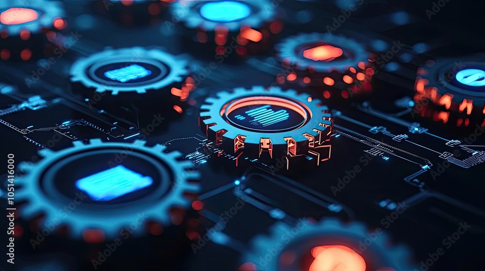 Poster close-up of glowing gears on a circuit board, digital technology concept.