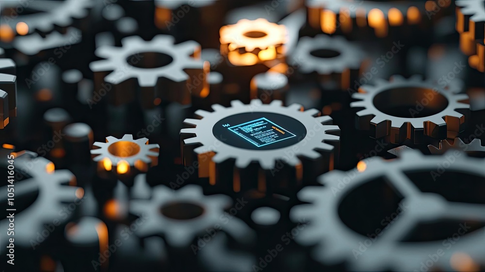 Poster close-up of metallic gears with glowing highlights on a dark background.