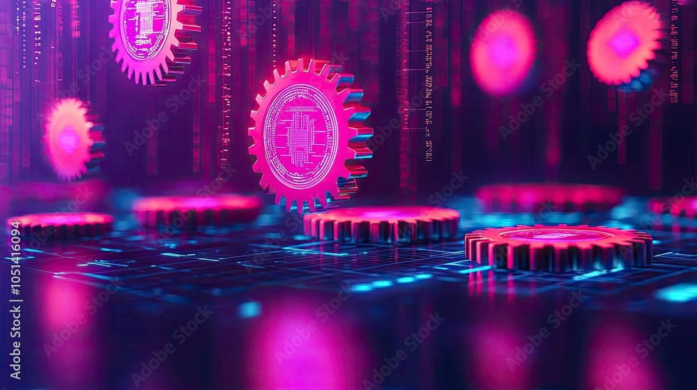 Aufkleber Abstract digital gears with vibrant colors and binary code, modern design.