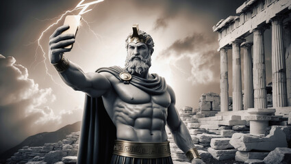 Obraz premium Zeus takes a smartphone selfie from Olympus.