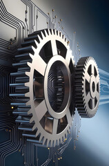 Interlocking Gears on Circuit Board. Technology and Industry Symbol