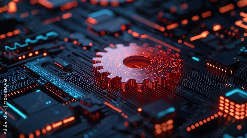 Poster abstract gear on a circuit board with glowing lights, futuristic technology background.