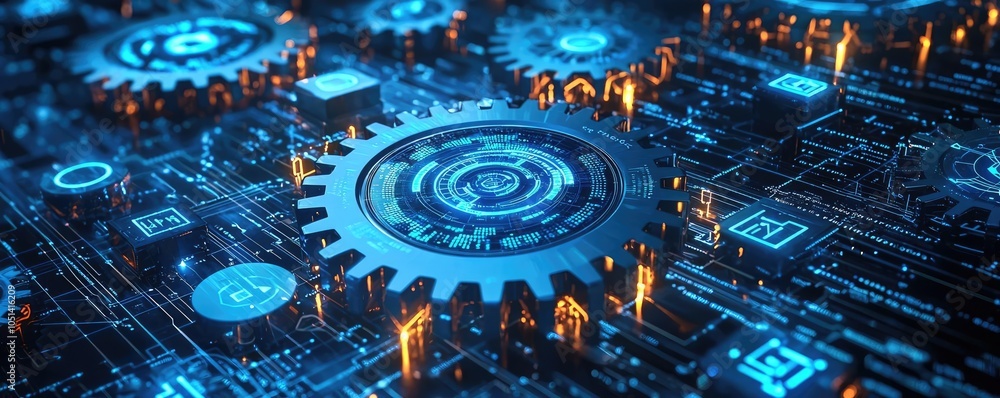 Poster close-up view of digital gears and circuits in vibrant blue tones.