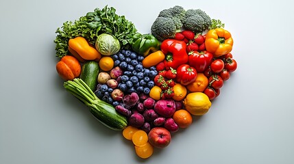 Colorful Organic Vegetables and Fruits Forming Heart Shape on White Background : Generative AI