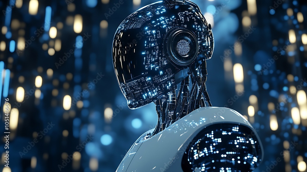 Poster Futuristic Robot Head with Circuitry in Illuminated Digital Environment : Generative AI