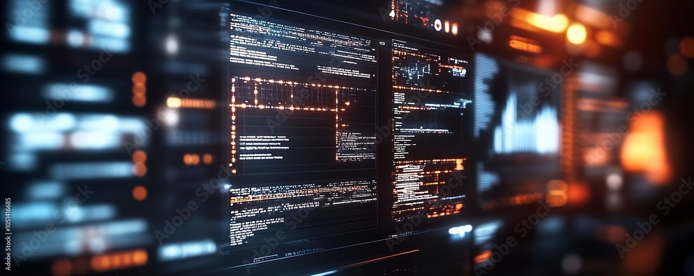 Poster Futuristic Digital Interface with Code and Data Streams in Motion : Generative AI