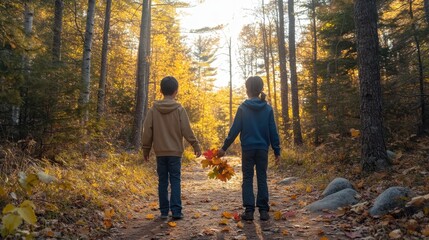 Fototapeta premium Children Walking on Autumn Trail with Colorful Leaves