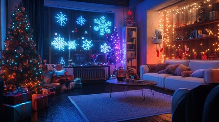 Cozy Christmas Interior with Bright Neon Lights