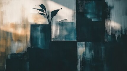 Abstract Blue and Beige Wall Painting with Silhouette Plant