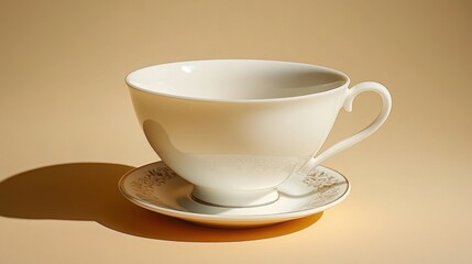 Elegant White Teacup and Saucer on Beige Background