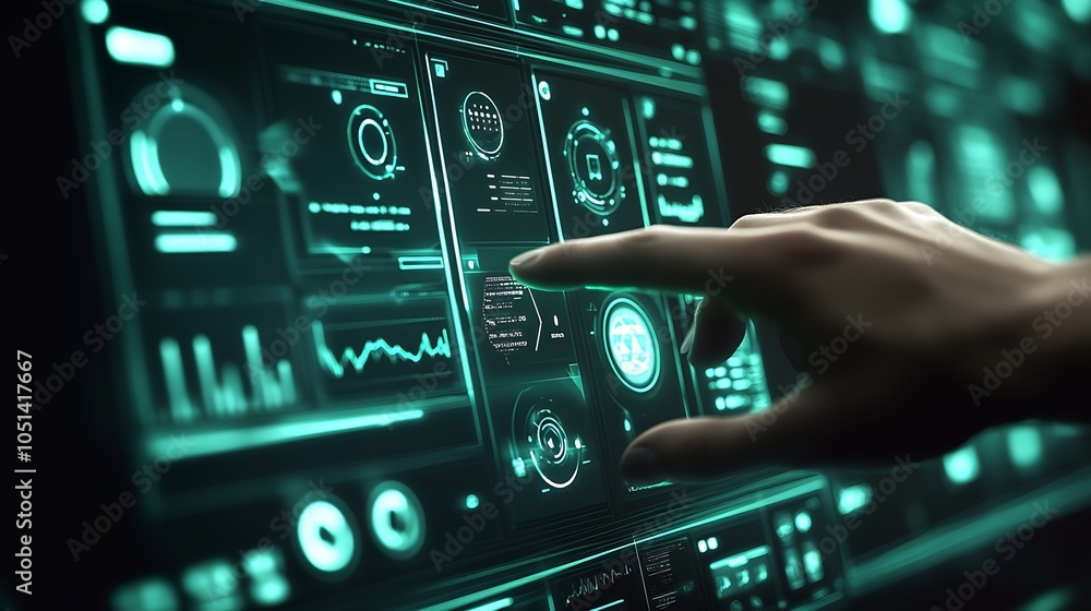 Leinwandbilder futuristic hand interaction with high tech holographic user interface : generative ai