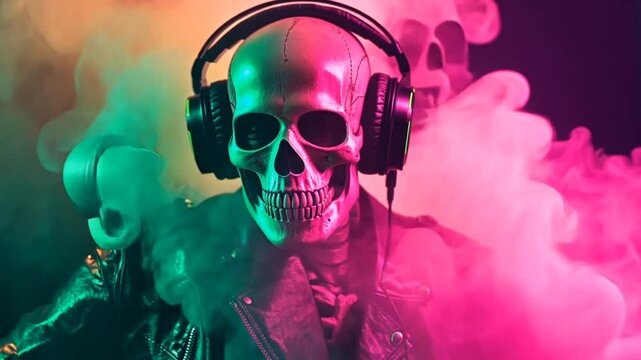 A skeleton wearing headphones and a leather jacket stands in front of a pink and green neon light background.