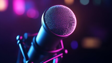 Obraz premium Closeup of Stylish Microphone in Studio with Purple and Blue Lights for Music Production : Generative AI