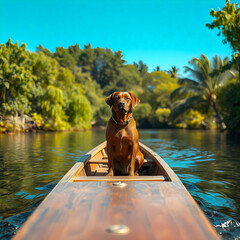 A dog riding a boat on a river, standing confidently at the front,