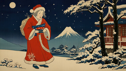浮世絵風のサンタクロースと風景