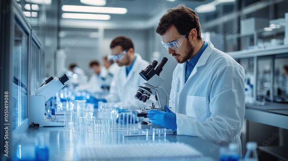 Poster scientist using a microscope in a laboratory setting