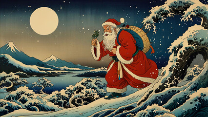 浮世絵風のサンタクロースと風景