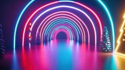 Vibrant neon corridor with glowing festive trees