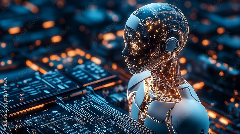 Aufkleber Futuristic AI Robot with Circuit Board in Digital Cybernetic Environment : Generative AI