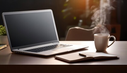 Fototapeta premium Coffee fuels productivity as a hand reaches for a keyboard, illuminating a laptop screen in a bustling office