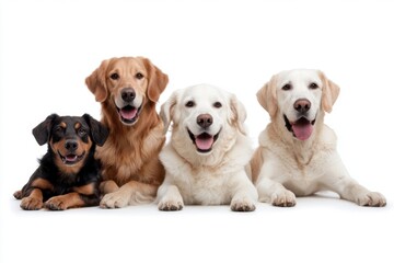 Obraz premium Four happy dogs lying and panting on white background