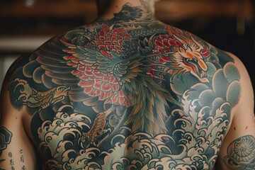 Obraz premium A vibrant full-back tattoo of a phoenix rising from the ashes, with flames and feathers in vivid colors