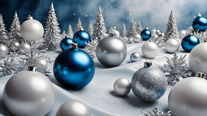 winter forest landscape with New Year's balls for the New Year holidays. Festive winter landscape. poster, banner, flyer, background
