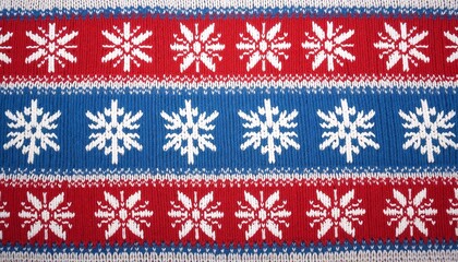 Cozy knitted design with snowflakes and geometric patterns in red, blue, and white reminiscent of winter sweaters