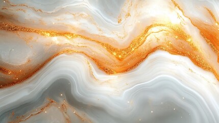 Abstract design featuring swirling patterns in white and orange with sparkling elements.