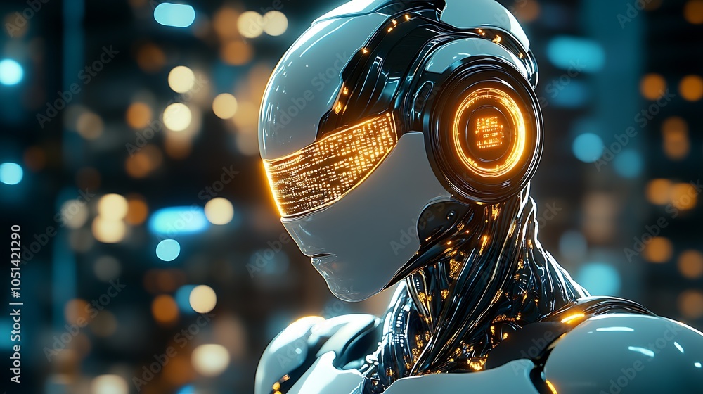 Poster Advanced Robotic Entity with Illuminated Face in Sci-Fi Setting : Generative AI
