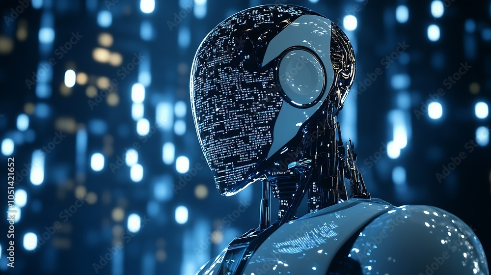 Poster Advanced Robotic Face with Digital Patterns in High-Tech Virtual Background : Generative AI