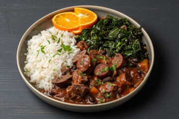 Fototapeta premium A vibrant plate of feijoada, a black bean stew with chunks of pork and sausage, served with white rice, collard greens, and orange slices