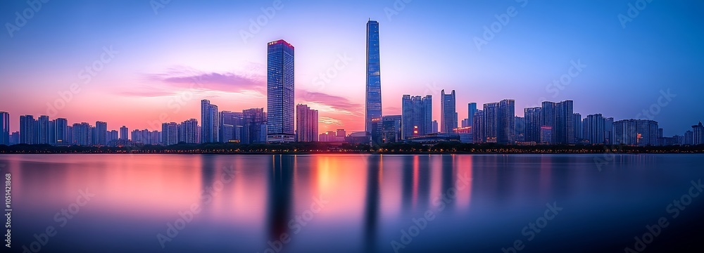 Poster Stunning Skyscraper Cityscape at Twilight with Glowing Reflections on Water : Generative AI