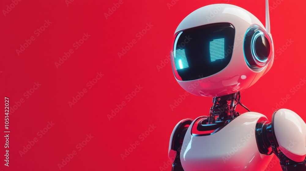 Poster friendly robot character set against a red background, representing technology and ai innovation