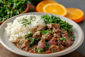 A vibrant plate of feijoada, a black bean stew with chunks of pork and sausage, served with white rice, collard greens, and orange slices