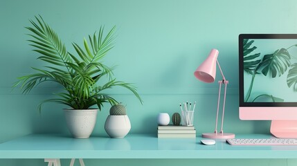 A Serene and Organized Workspace Featuring Lush Greenery and Soft Pastel Accents for Productivity
