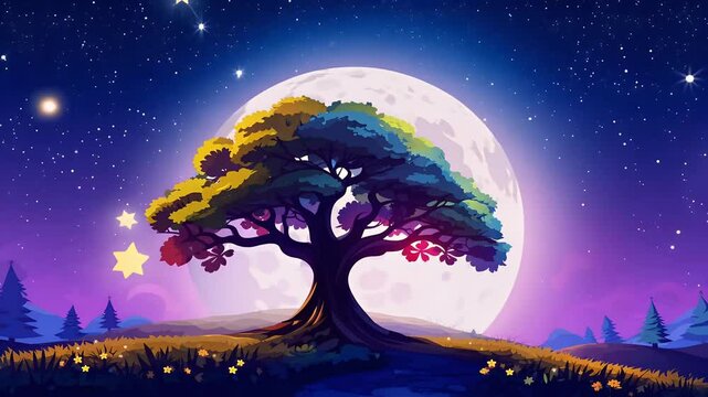 whimsical cartoonstyle animation depicting beautiful tree life night complete mesmerizing moon seamlessly looping create enchanting 4K video backdrop landscape seamless cartoon