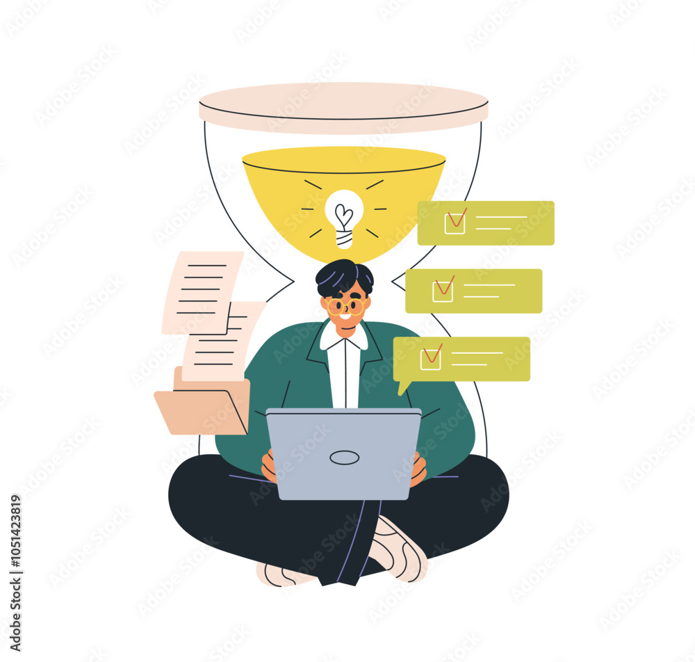 Poster Time management and productivity concept. Multitasking business man organizing work, meeting deadlines. Focus on efficiency, task completion. Flat vector illustration isolated on white background