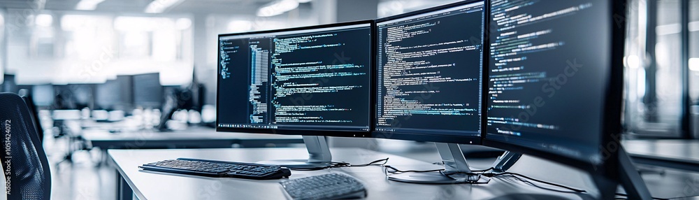 Poster a clean, modern workspace with multiple monitors showing various coding languages, accompanied by pl