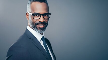 Close-up of a motivated and imposing man in professional attire, exuding confidence and readiness for a business meeting, set against a neutral grey backdrop