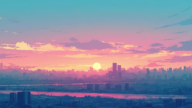 An anime style city skyline at sunset, with clouds drifting across the sky